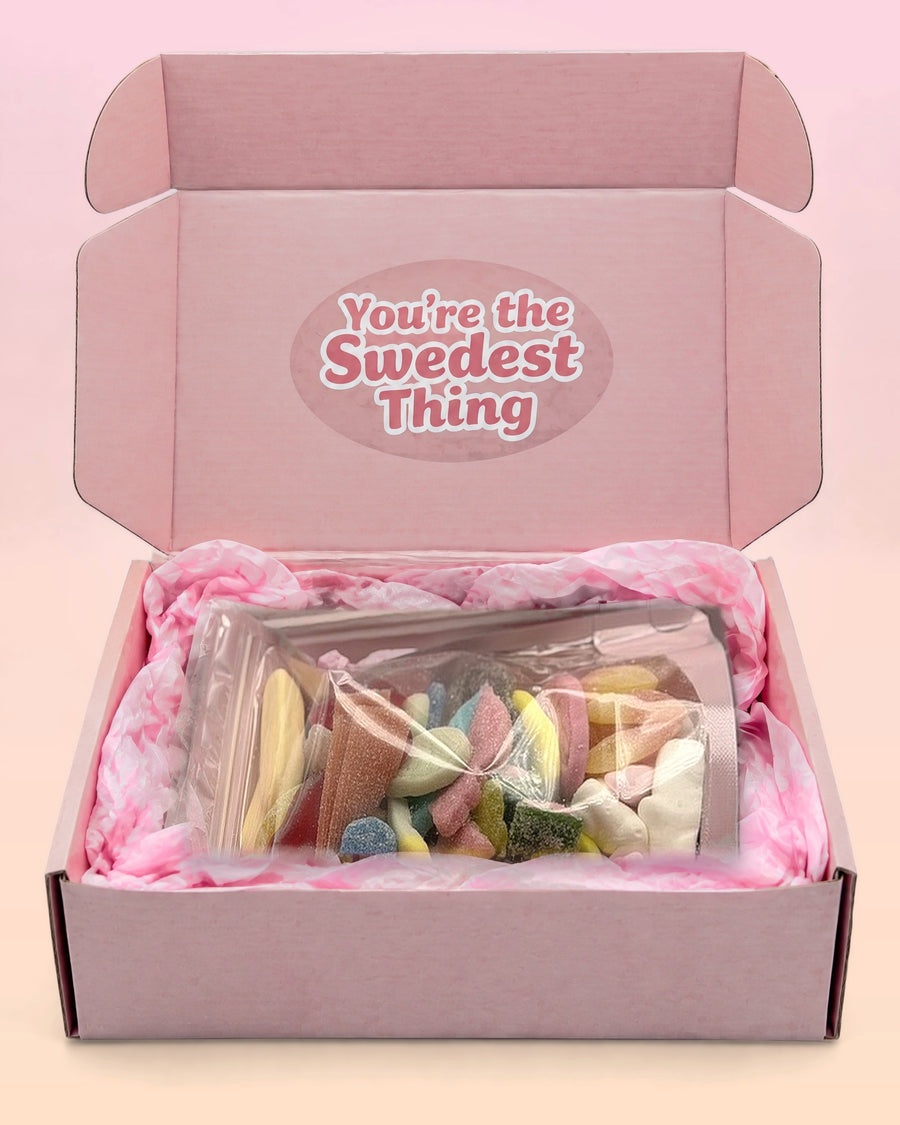 Swedish candy gift box, 1 lb mix, open pink box with the You're the Swedest Thing sticker